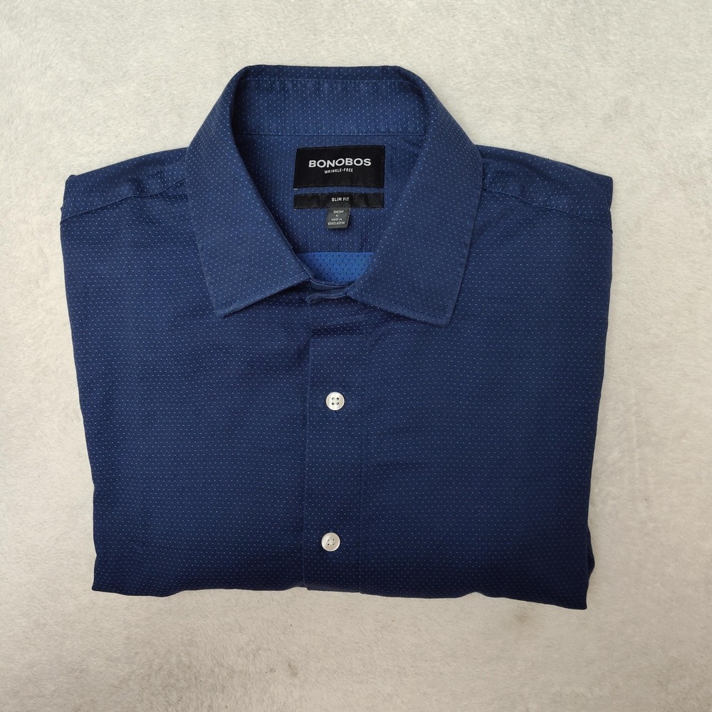Bonobos Shirt‎ Mens L Blue Polka Dot Point Collar Slim Dress Business Stretch